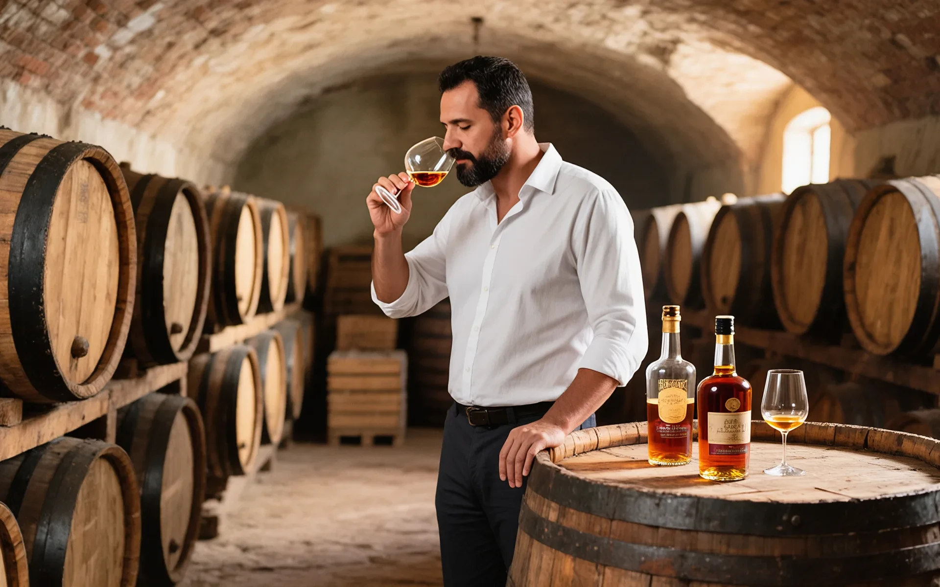 Man samples Guadeloupean rum in a cellar in 2025