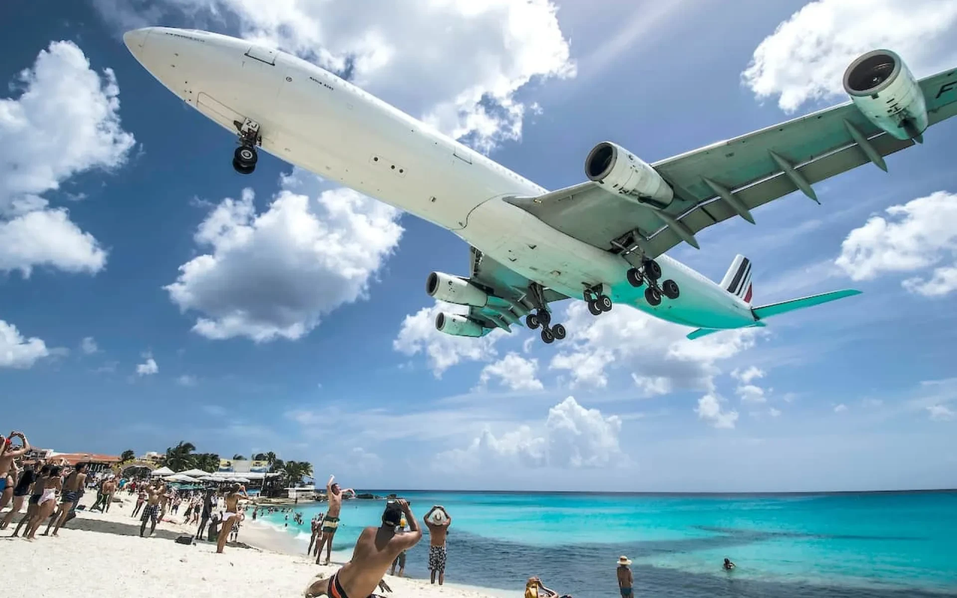 Plane lands over Maho Beach in St. Maarten in 2025