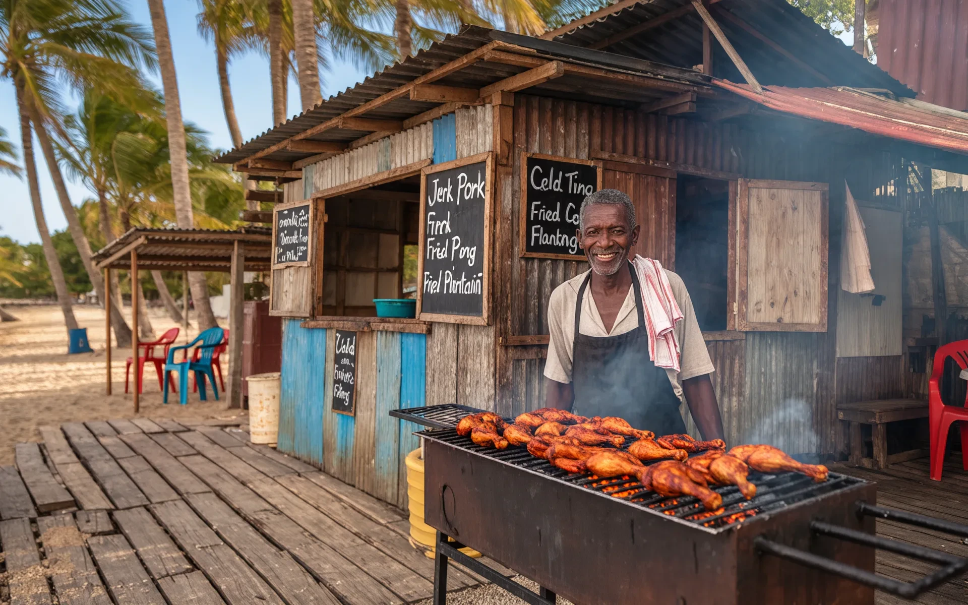 Caribbean food BBQ shack on the beach in 2025