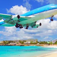 KLM's Boeing 747 landing at Princess Juliana Airport over Maho Beach