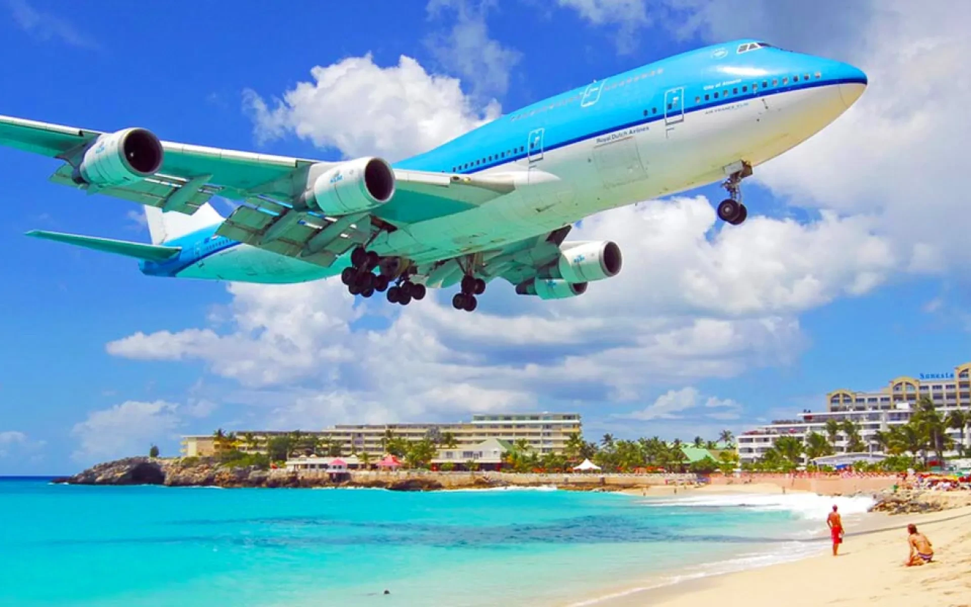 KLM's Boeing 747 landing at Princess Juliana Airport over Maho Beach